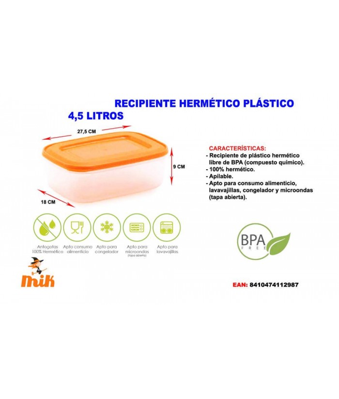 FIAMBRERA HERMETICA PLASTICO 4 5L  UD 