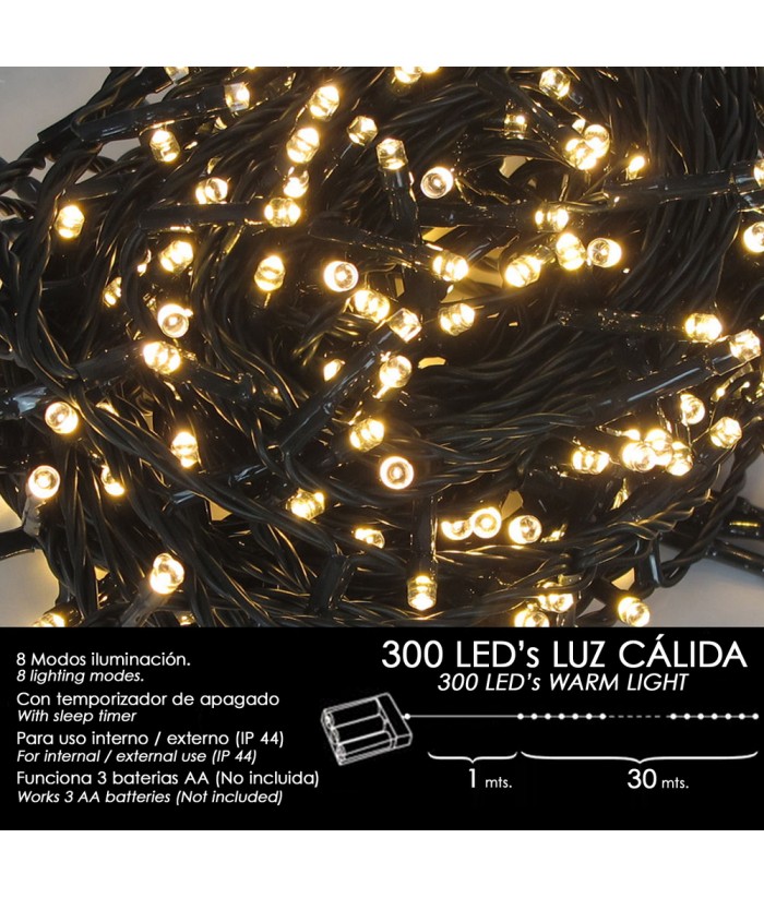 LUCES NAVIDAD 300LEDS 30M CALIDA A PILAS MAURER